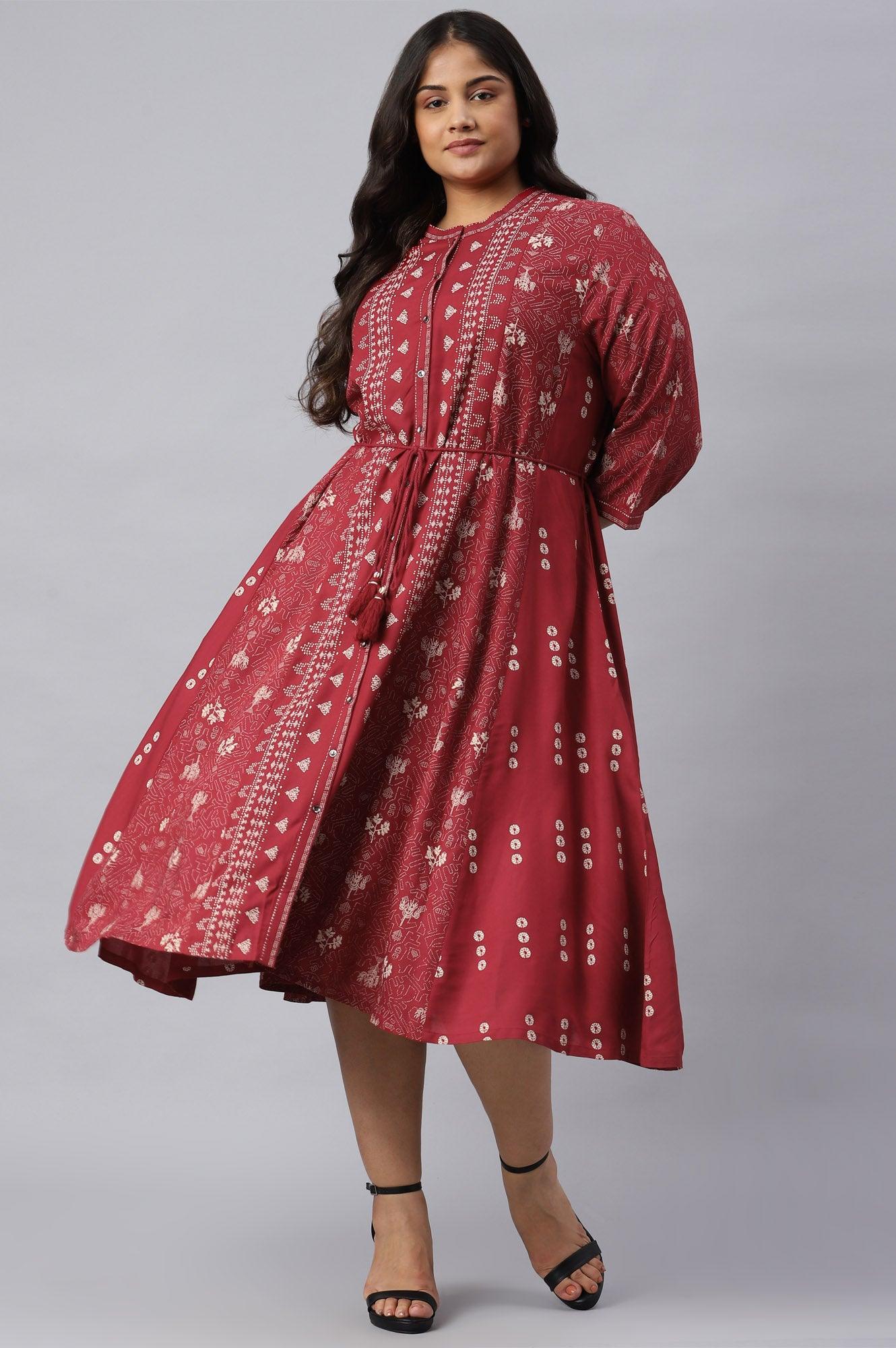 Plus Size Maroon Floral Printed Panelled Indie Dress - wforwoman