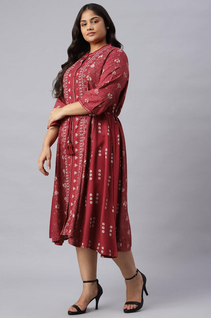 Plus Size Maroon Floral Printed Panelled Indie Dress - wforwoman