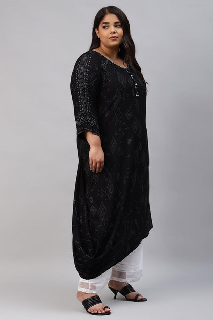 Plus Size Black Printed A-Line kurta With Cowl Hemline - wforwoman