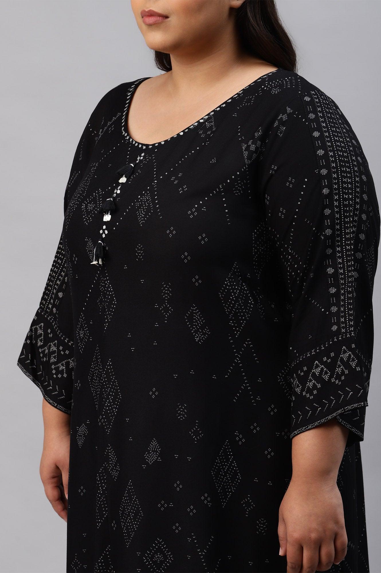 Plus Size Black Printed A-Line kurta With Cowl Hemline - wforwoman