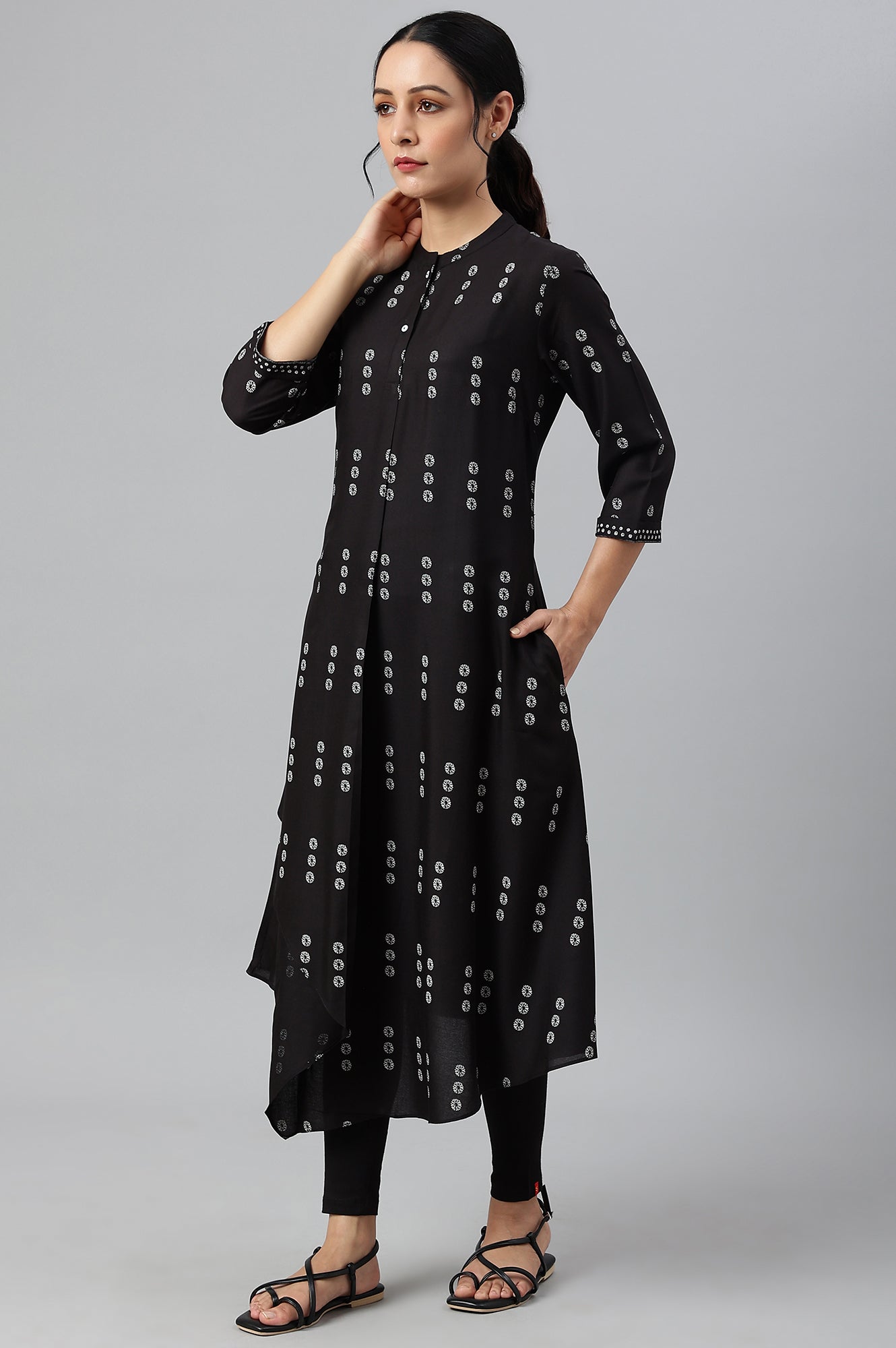 Black Rayon A-Line kurta With Asymmetric Hemline