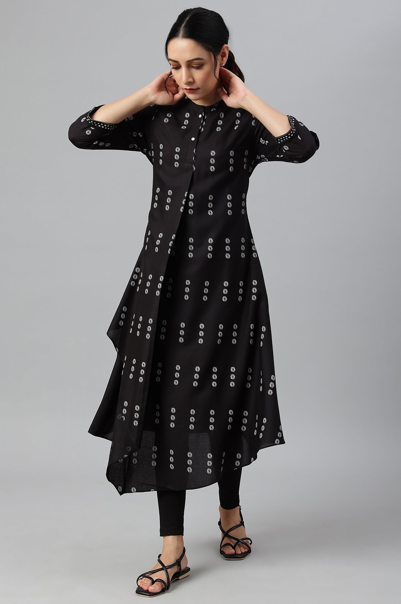 Black Rayon A-Line kurta With Asymmetric Hemline