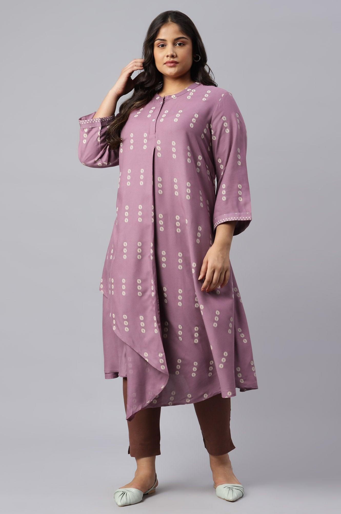 Plus Size Purple Asymmetric Hemline kurta In Mandarin Collar - wforwoman