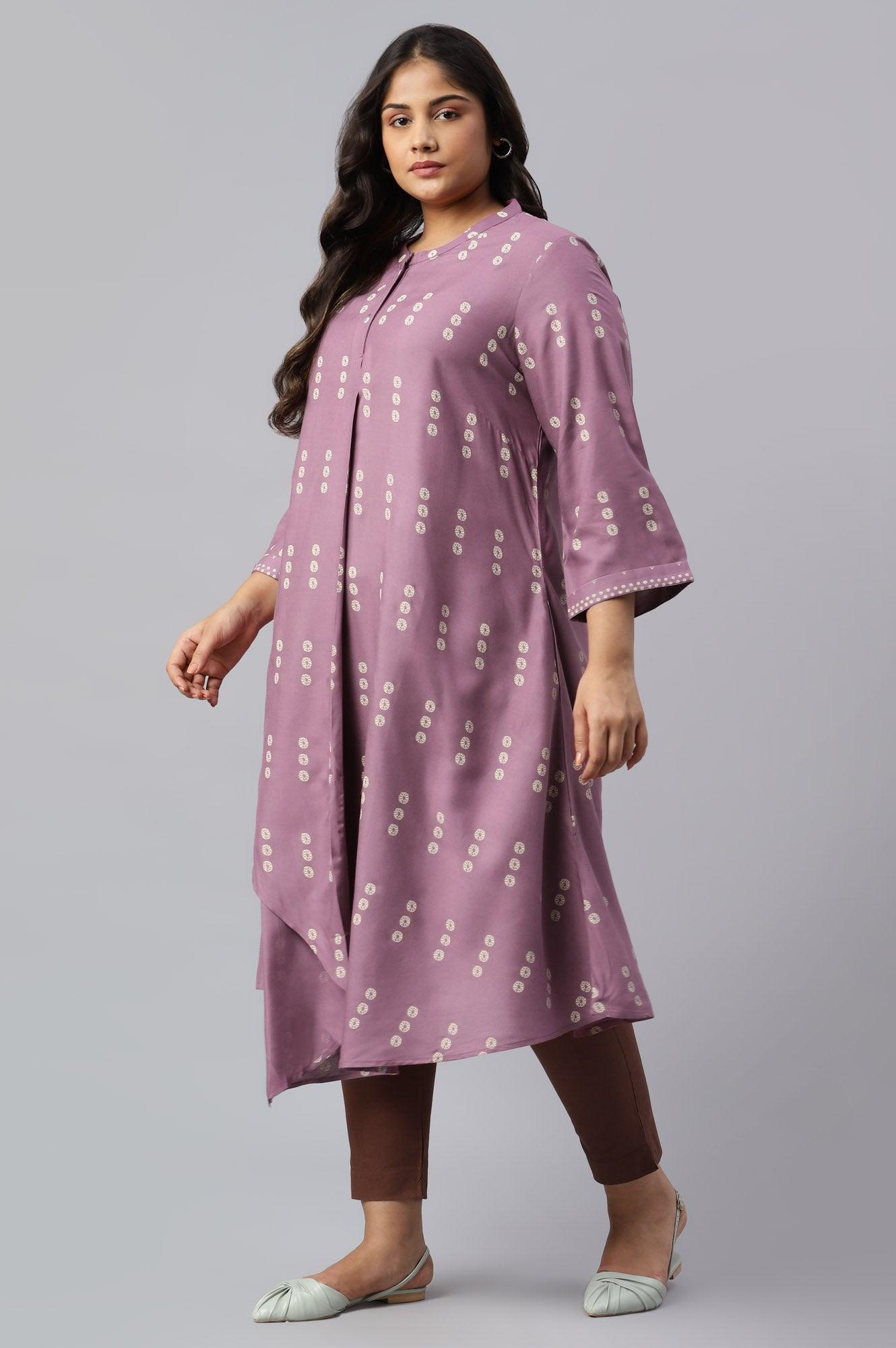 Plus Size Purple Asymmetric Hemline kurta In Mandarin Collar - wforwoman