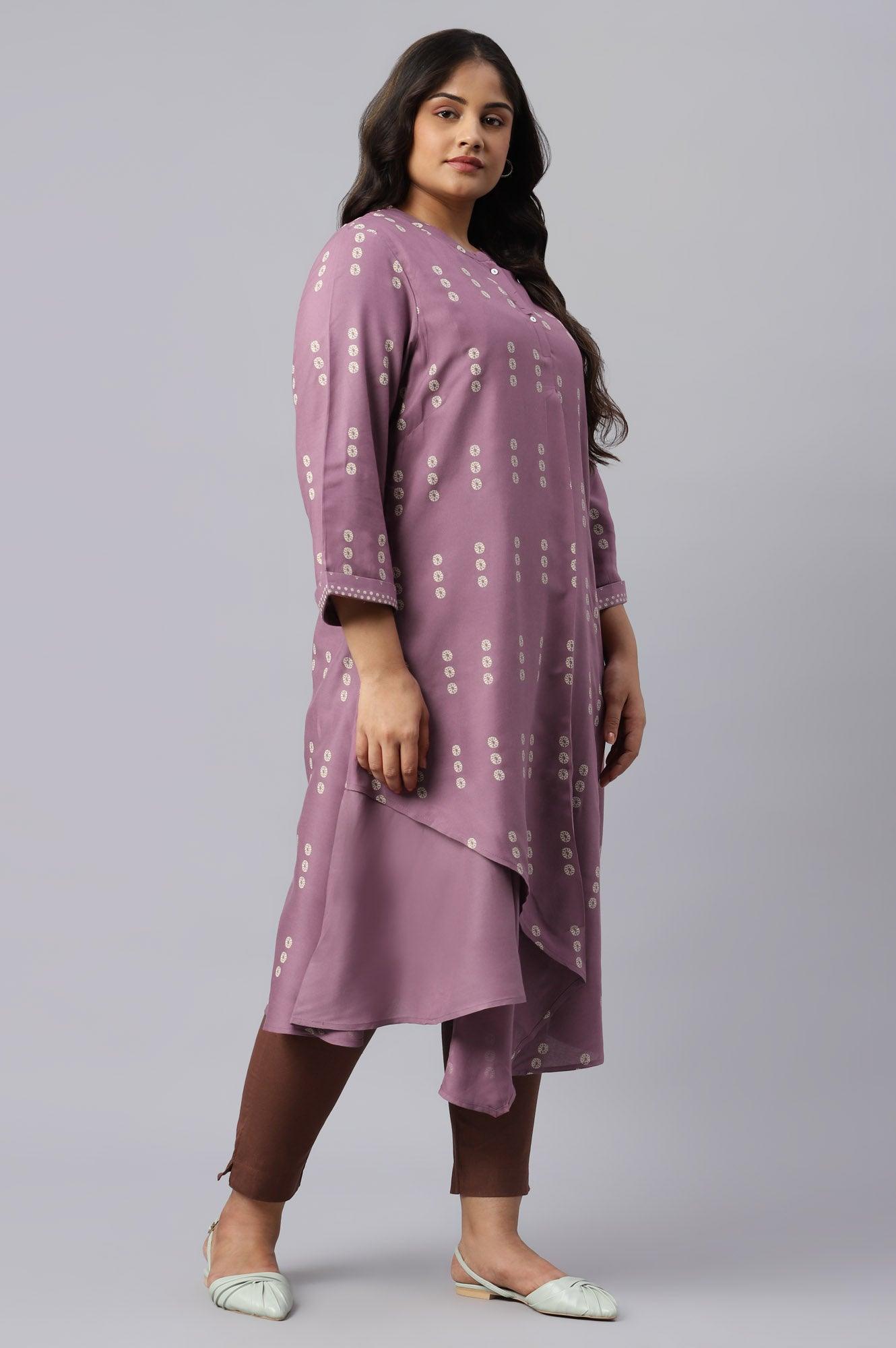 Plus Size Purple Asymmetric Hemline kurta In Mandarin Collar - wforwoman