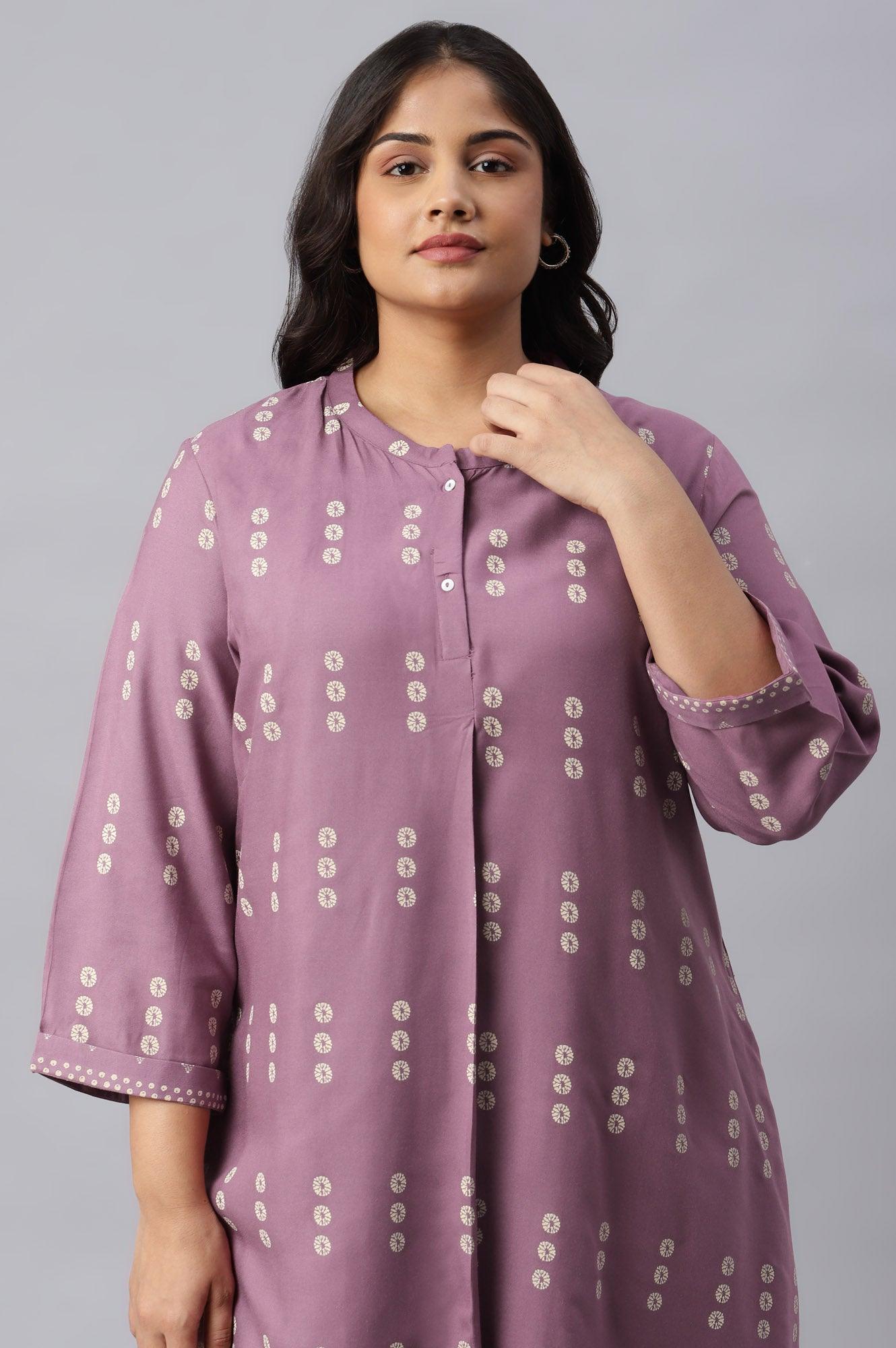 Plus Size Purple Asymmetric Hemline kurta In Mandarin Collar - wforwoman