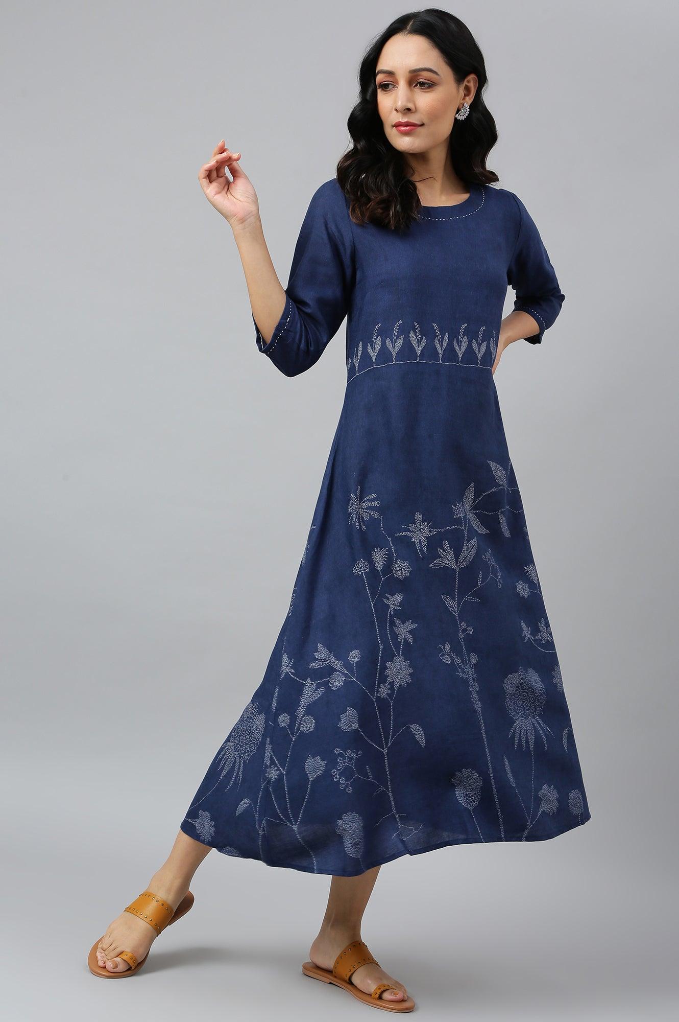 Dark Blue Floral kurta With Kantha Details - wforwoman