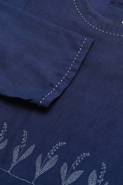 Dark Blue Floral kurta With Kantha Details - wforwoman