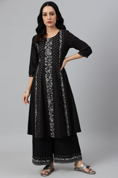 Black Floral Print Round Neck kurta With Godets