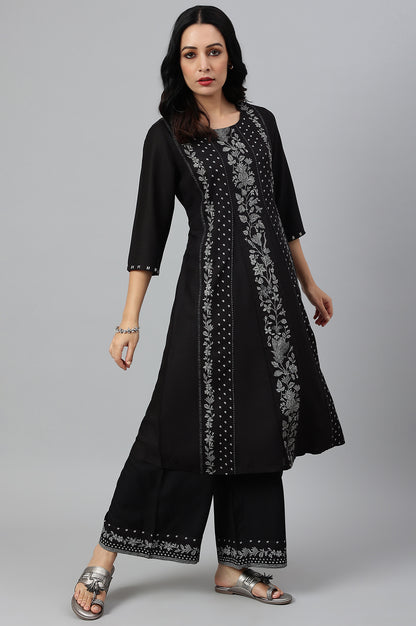 Black Floral Print Round Neck kurta With Godets