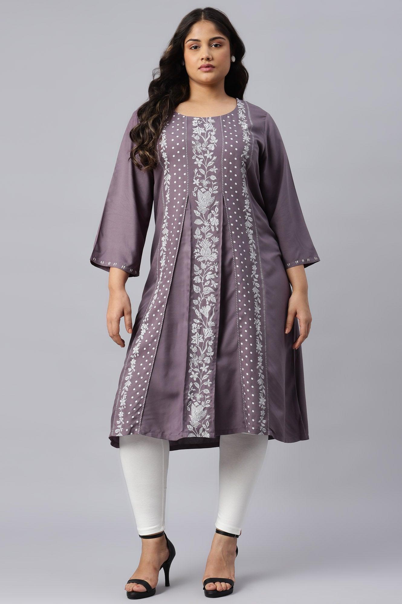 Plus Size Purple Floral Print kurta With Godets - wforwoman