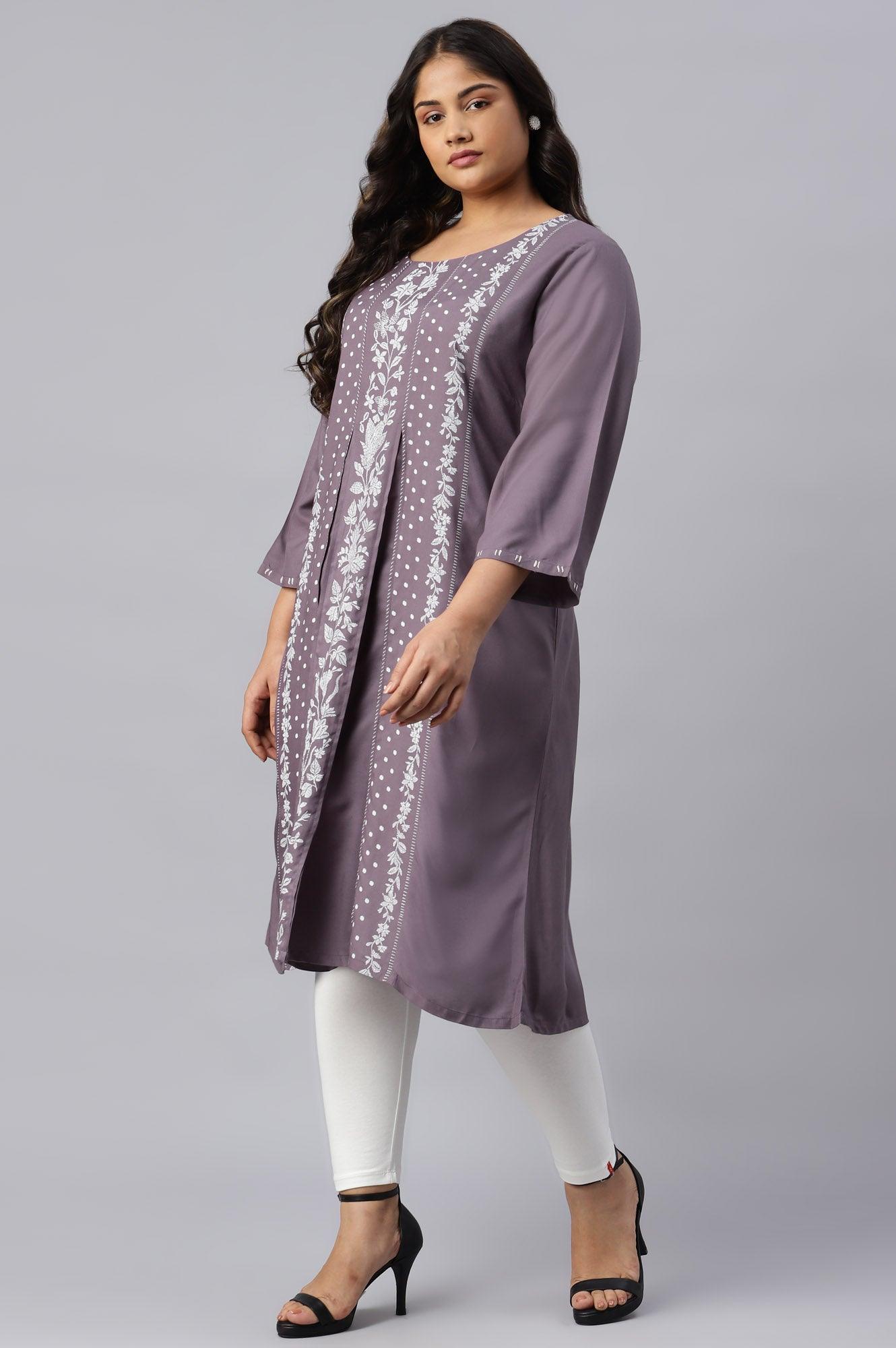 Plus Size Purple Floral Print kurta With Godets - wforwoman