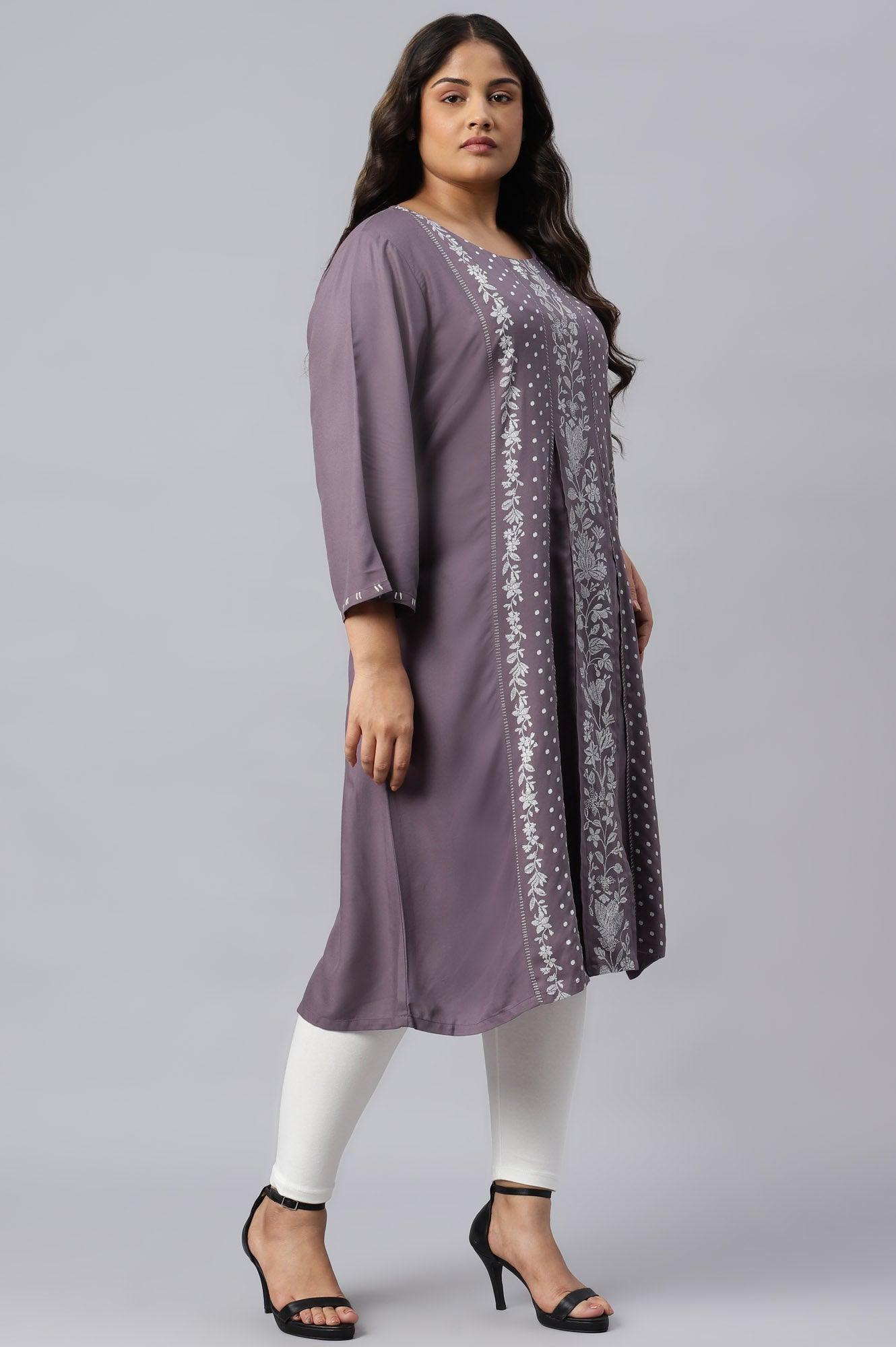 Plus Size Purple Floral Print kurta With Godets - wforwoman