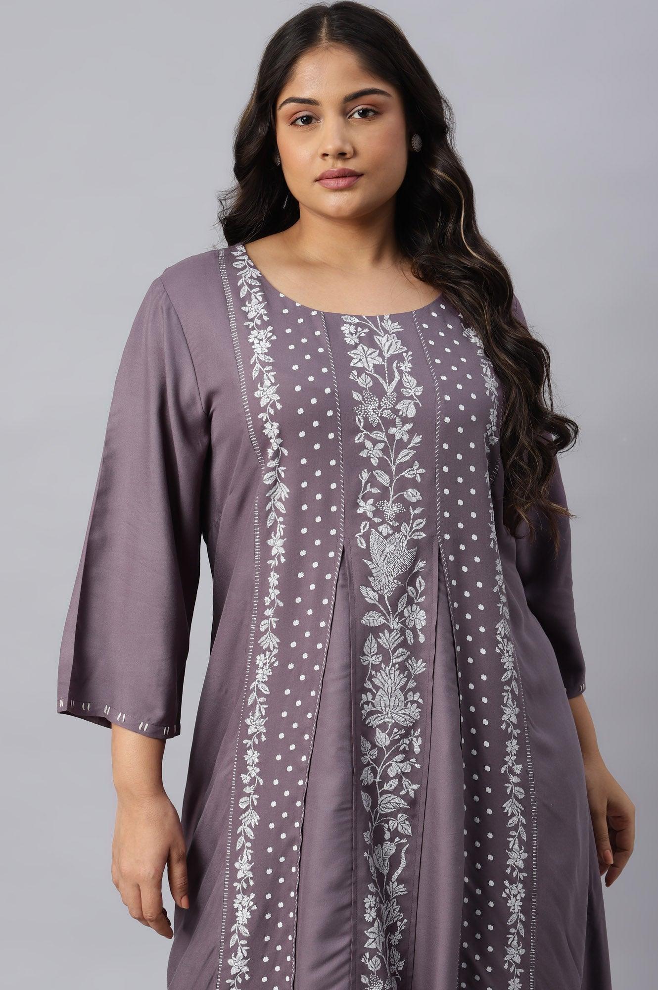 Plus Size Purple Floral Print kurta With Godets - wforwoman