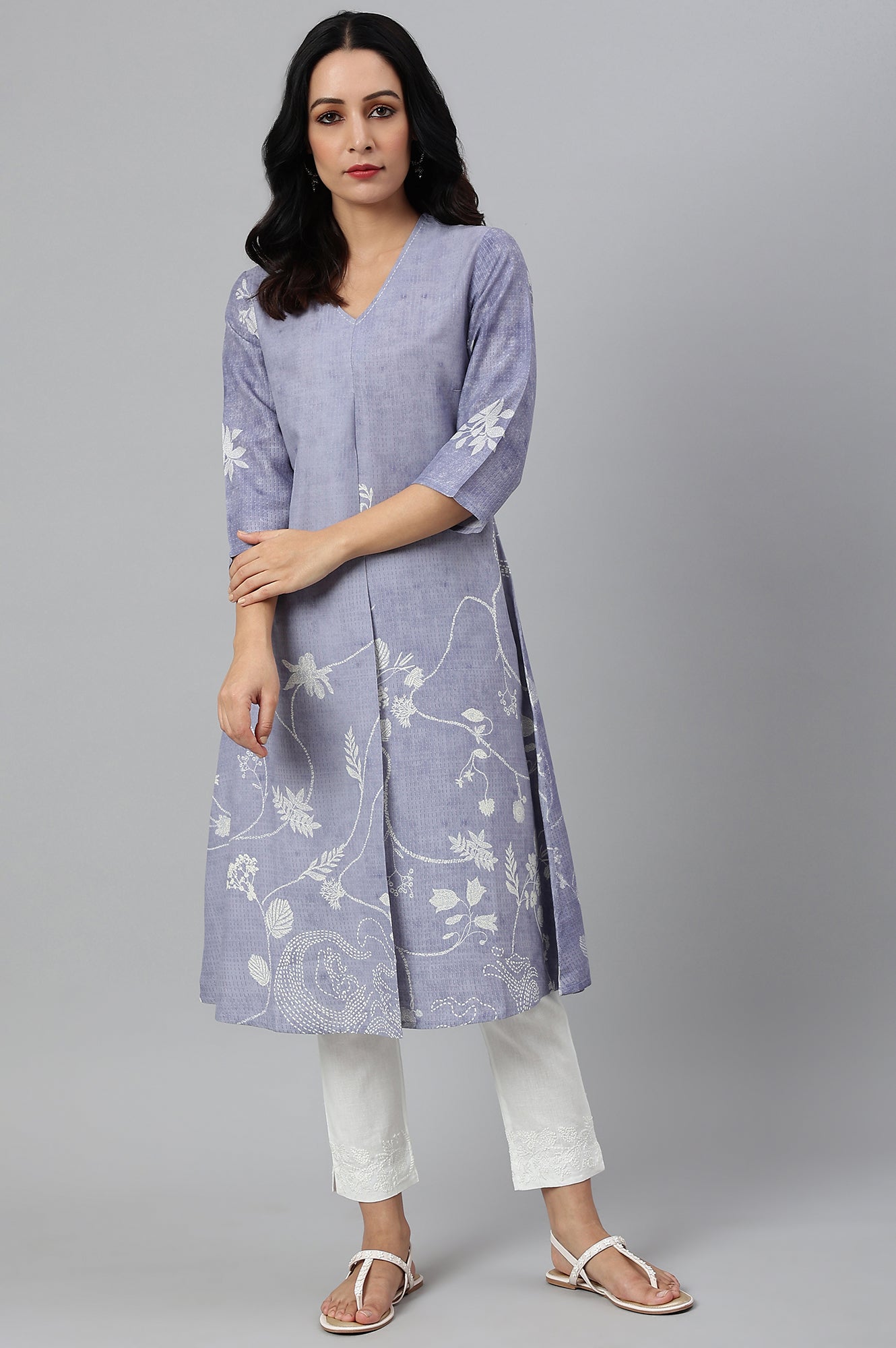 Blue Floral Print V-Neck kurta