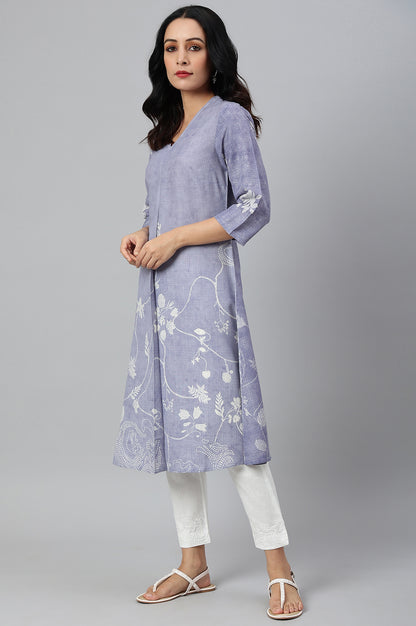 Blue Floral Print V-Neck kurta