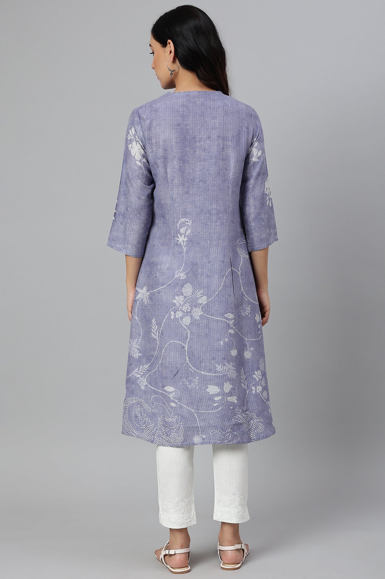 Blue Floral Print V-Neck kurta