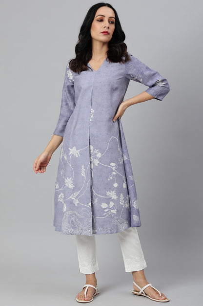 Blue Floral Print V-Neck kurta