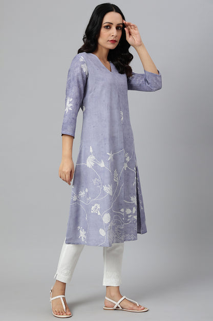 Blue Floral Print V-Neck kurta