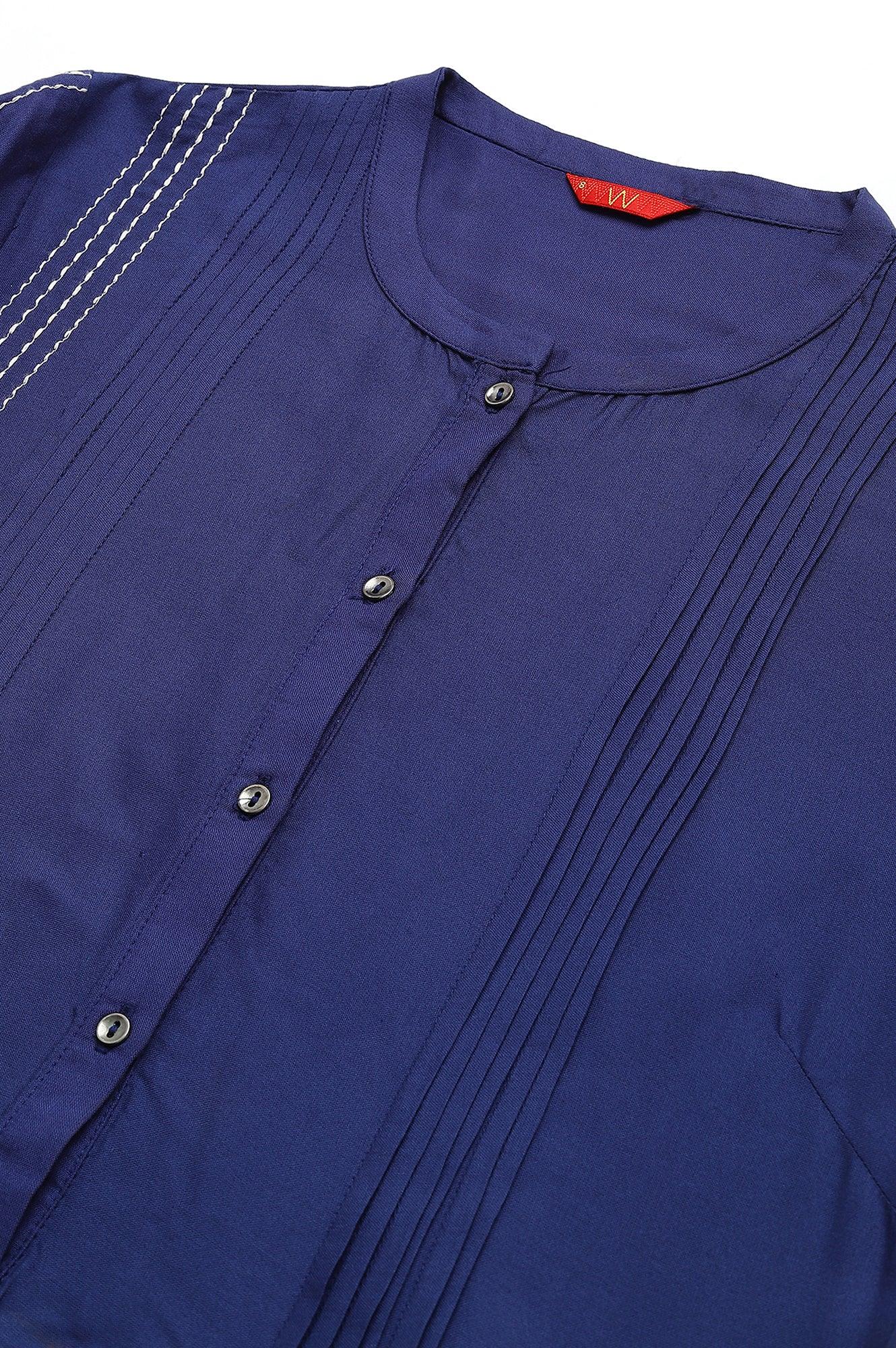 Dark Blue Embroidered kurta With Pleats - wforwoman