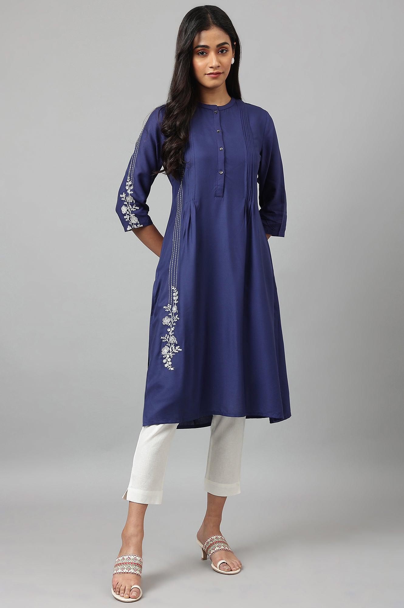 Dark Blue Embroidered kurta With Pleats - wforwoman