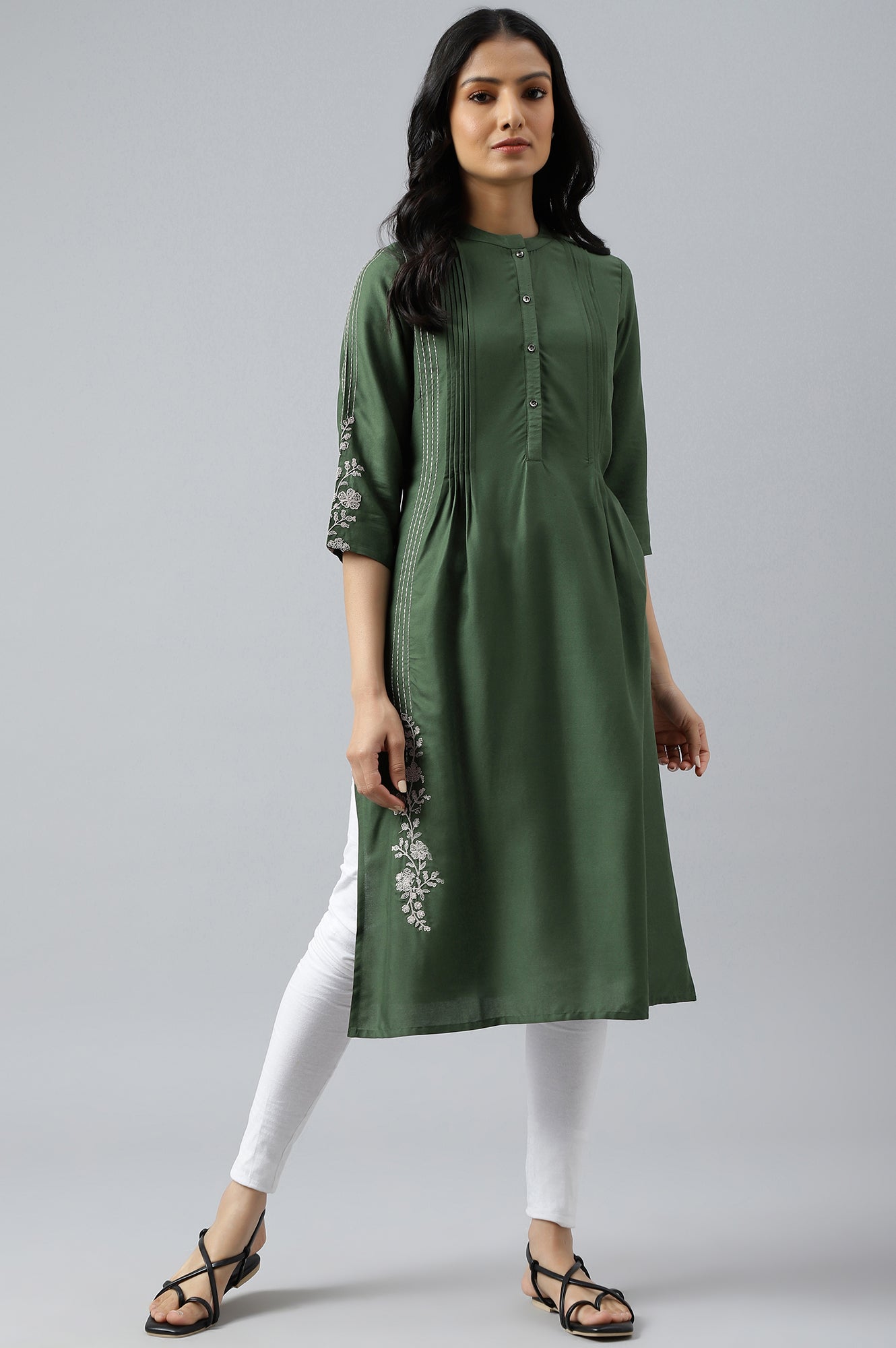 Olive Green Pleated kurta With Embroidery