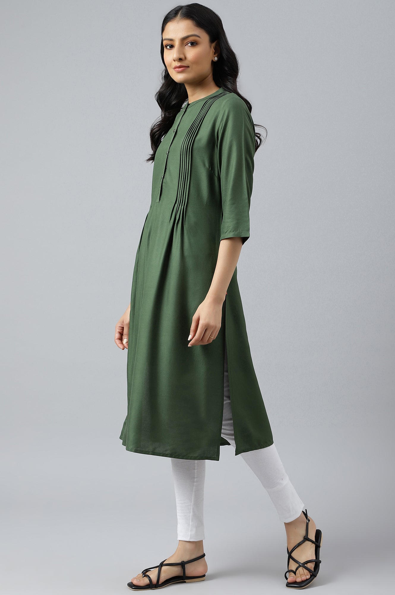 Olive Green Pleated kurta With Embroidery