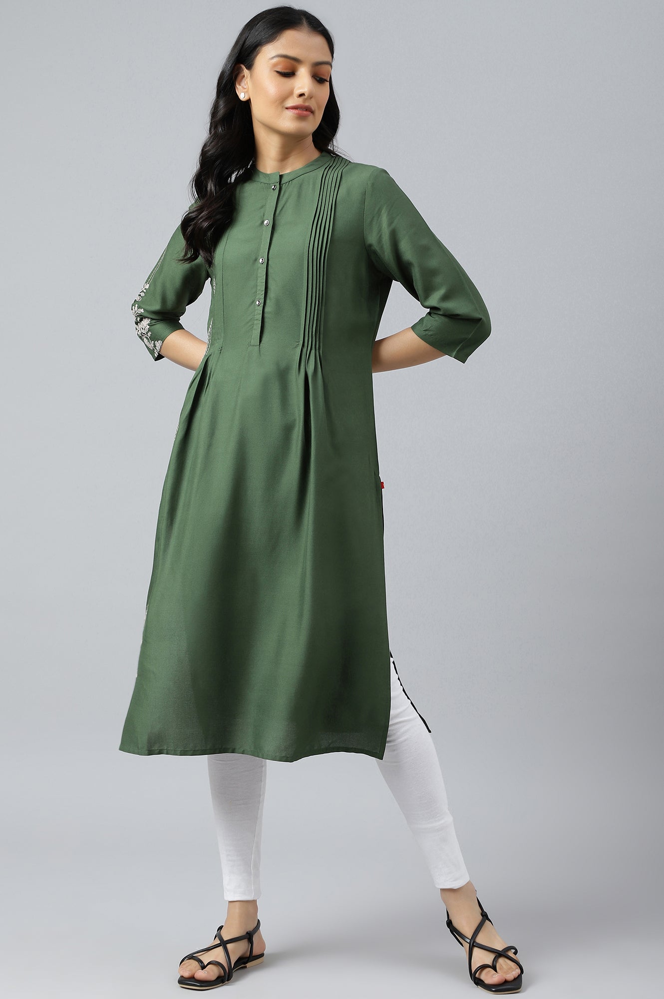 Olive Green Pleated kurta With Embroidery