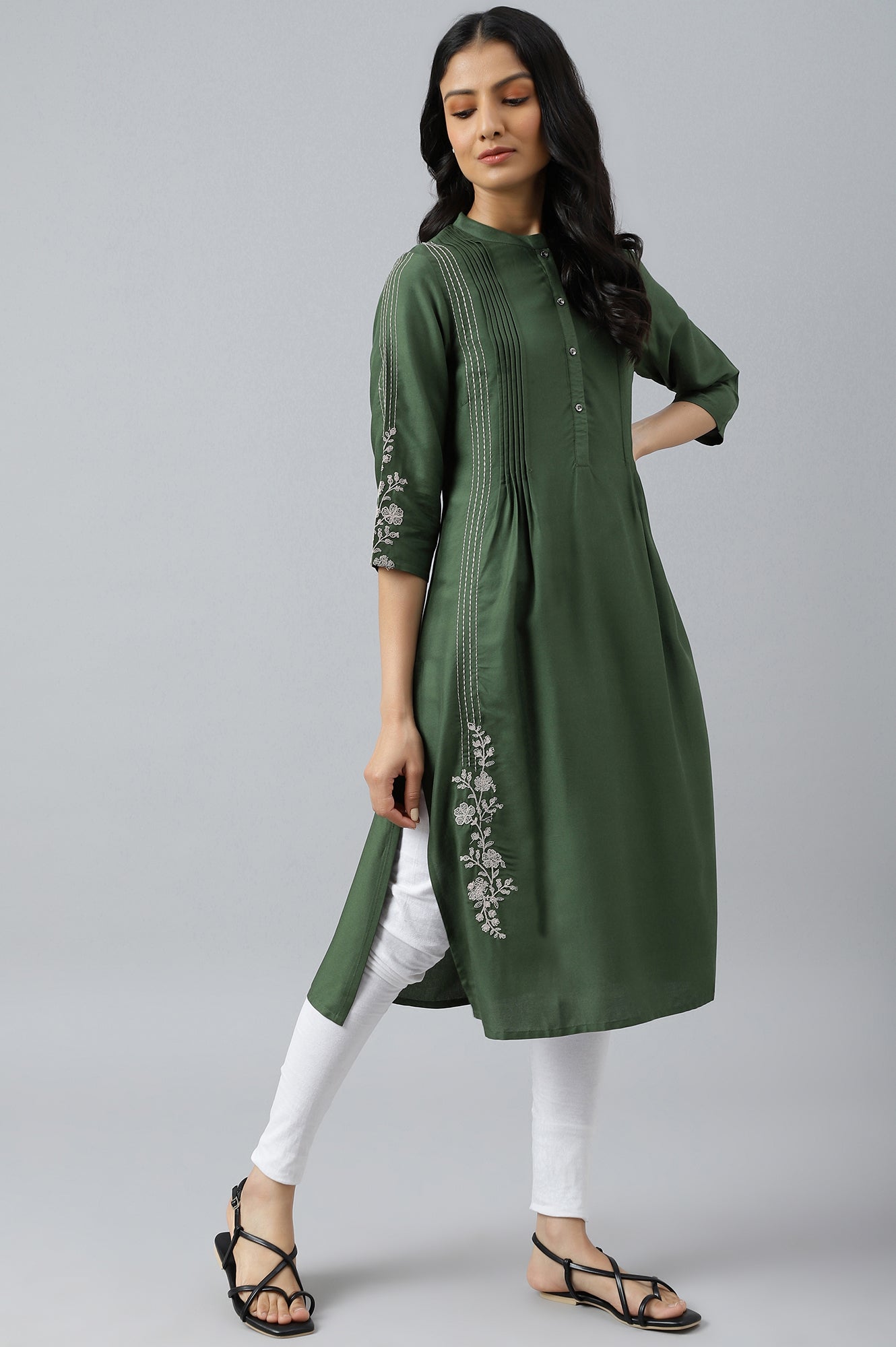 Olive Green Pleated kurta With Embroidery