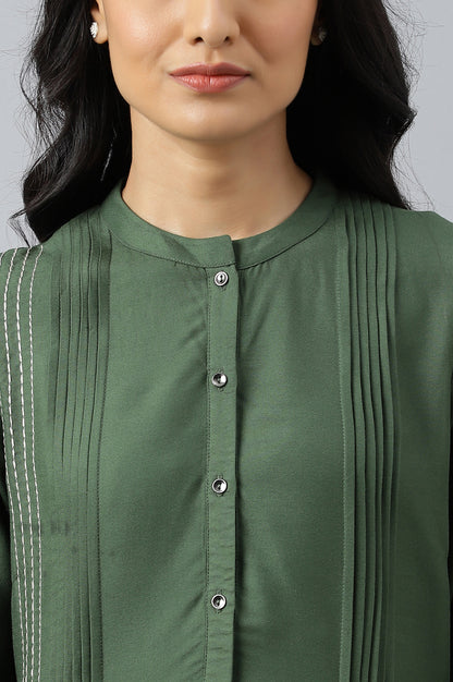 Olive Green Pleated kurta With Embroidery