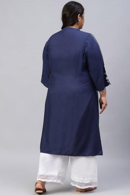 Plus Size Dark Blue Embroidered kurta With Pleats - wforwoman
