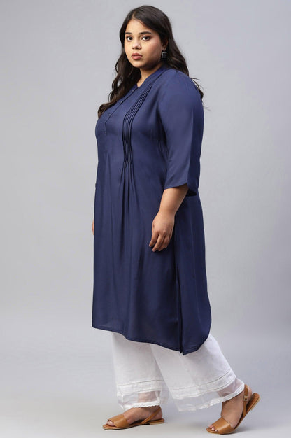 Plus Size Dark Blue Embroidered kurta With Pleats - wforwoman