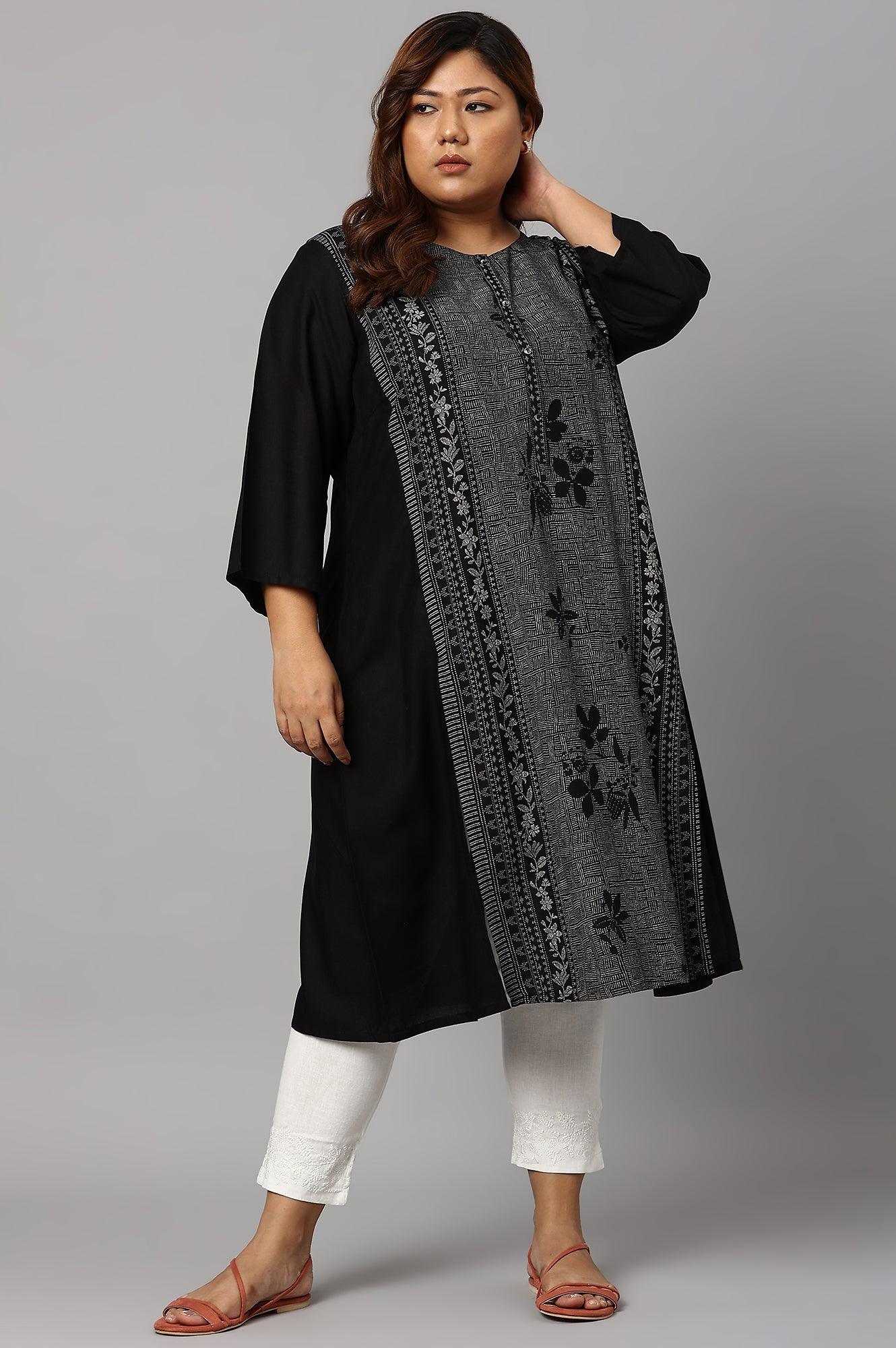 Plus Size Black Panelled kurta With Front Slit - wforwoman