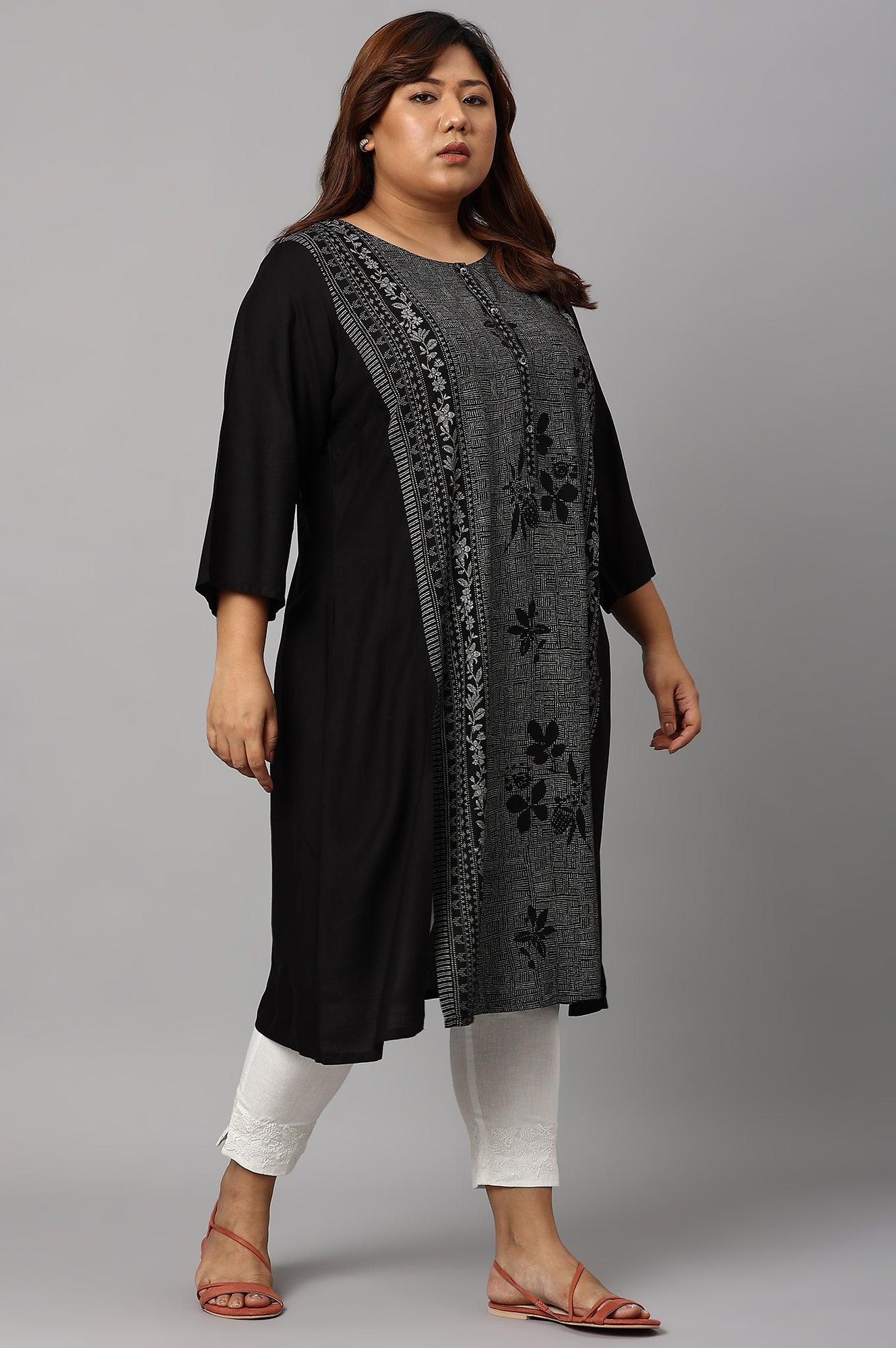 Plus Size Black Panelled kurta With Front Slit - wforwoman