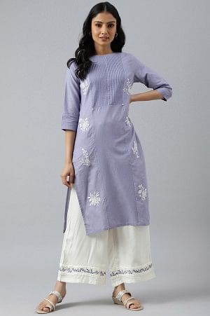 Blue Embroidered kurta with Pintuck Yoke and Ecru Embroidered Parallel Pants Set