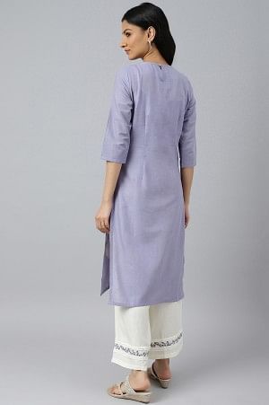 Blue Embroidered kurta with Pintuck Yoke and Ecru Embroidered Parallel Pants Set