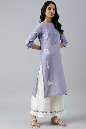 Blue Embroidered kurta with Pintuck Yoke and Ecru Embroidered Parallel Pants Set