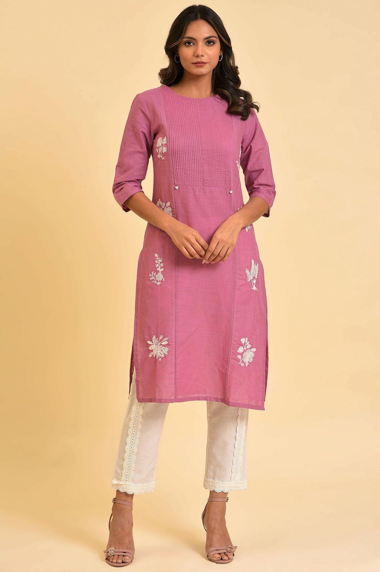 Berry Pink Embroidered kurta With Pin Tucks - wforwoman
