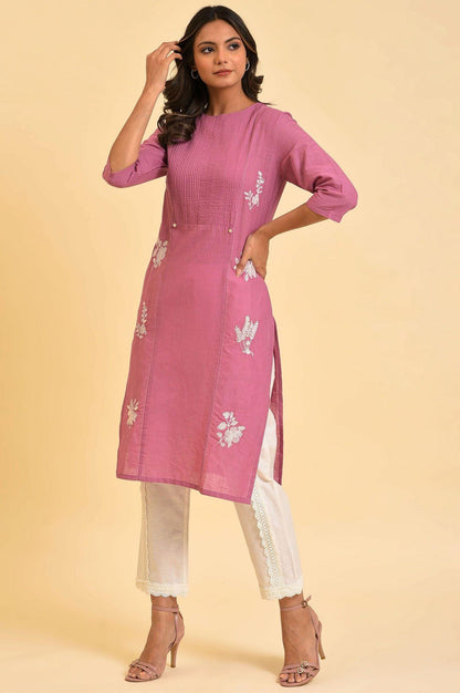 Berry Pink Embroidered kurta With Pin Tucks - wforwoman