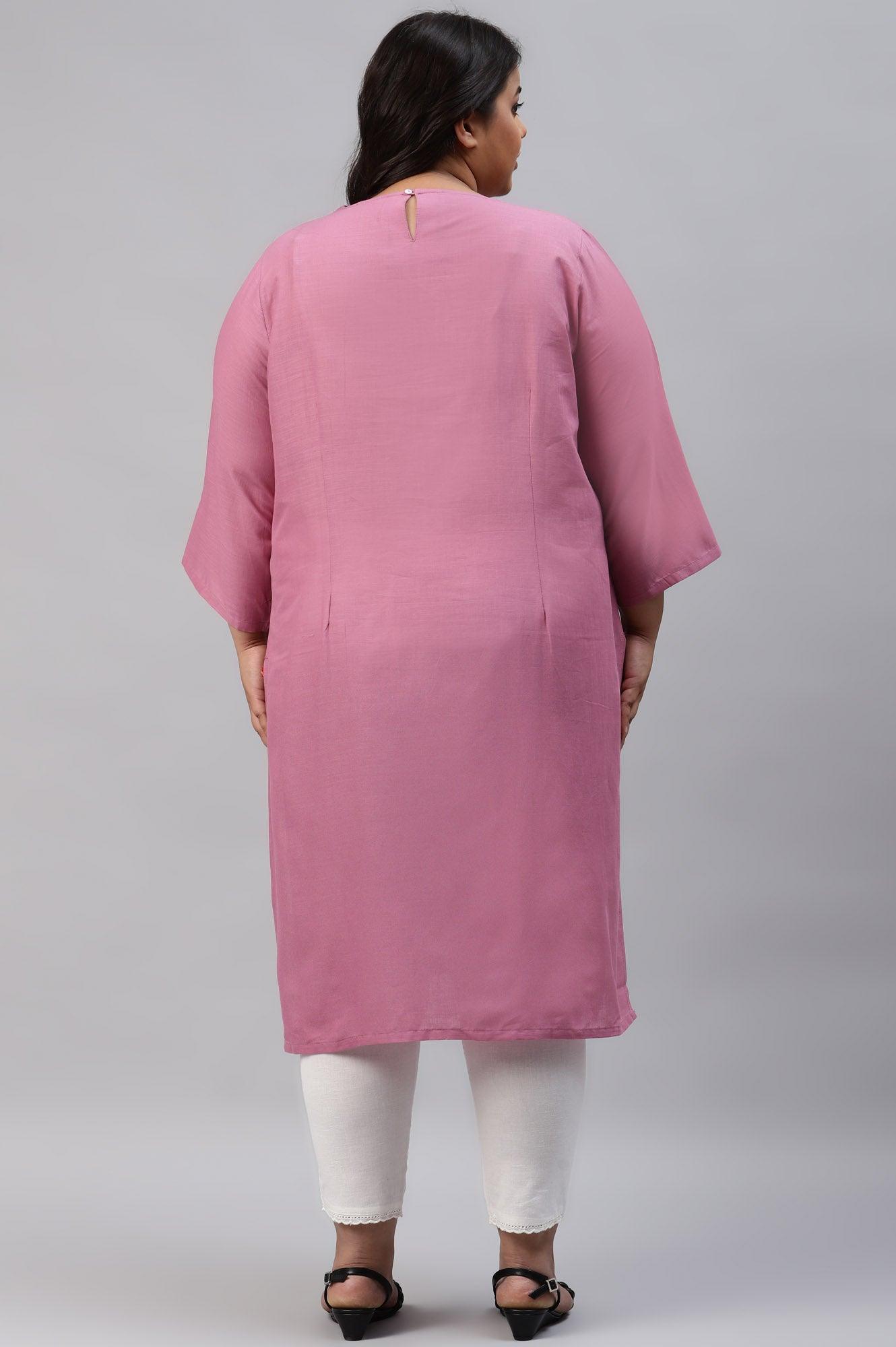 Plus Size Berry Pink Embroidered kurta With Pin Tucks - wforwoman