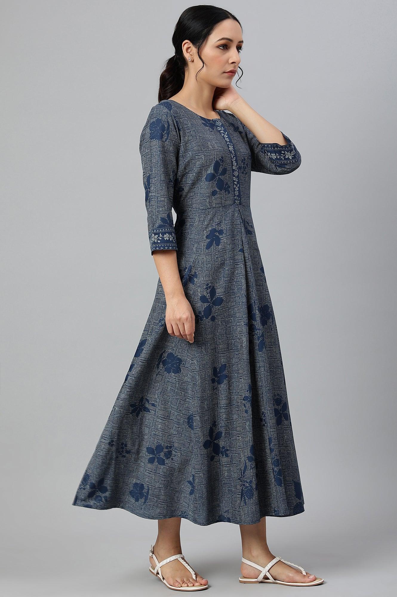 Blue Floral Printed Flared Indie Dress - wforwoman