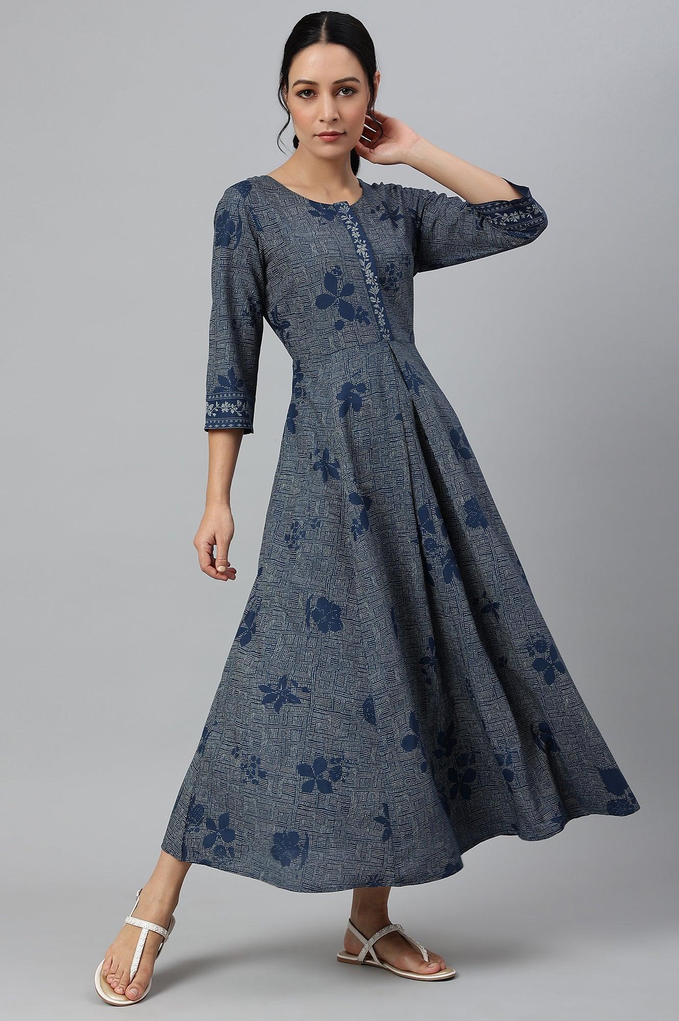 Blue Floral Printed Flared Indie Dress - wforwoman