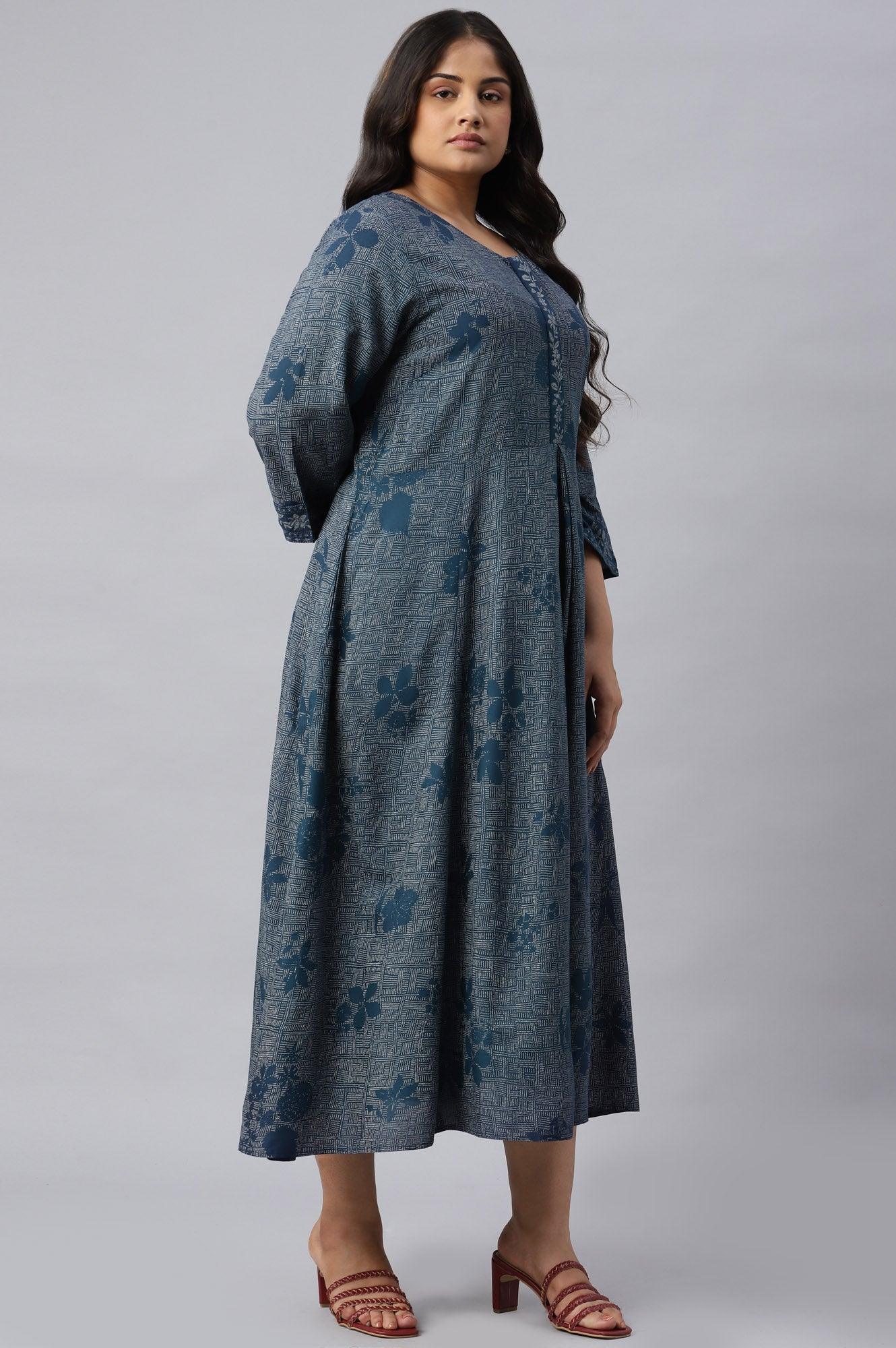 Plus Size Blue Floral Printed Flared Indie Dress - wforwoman