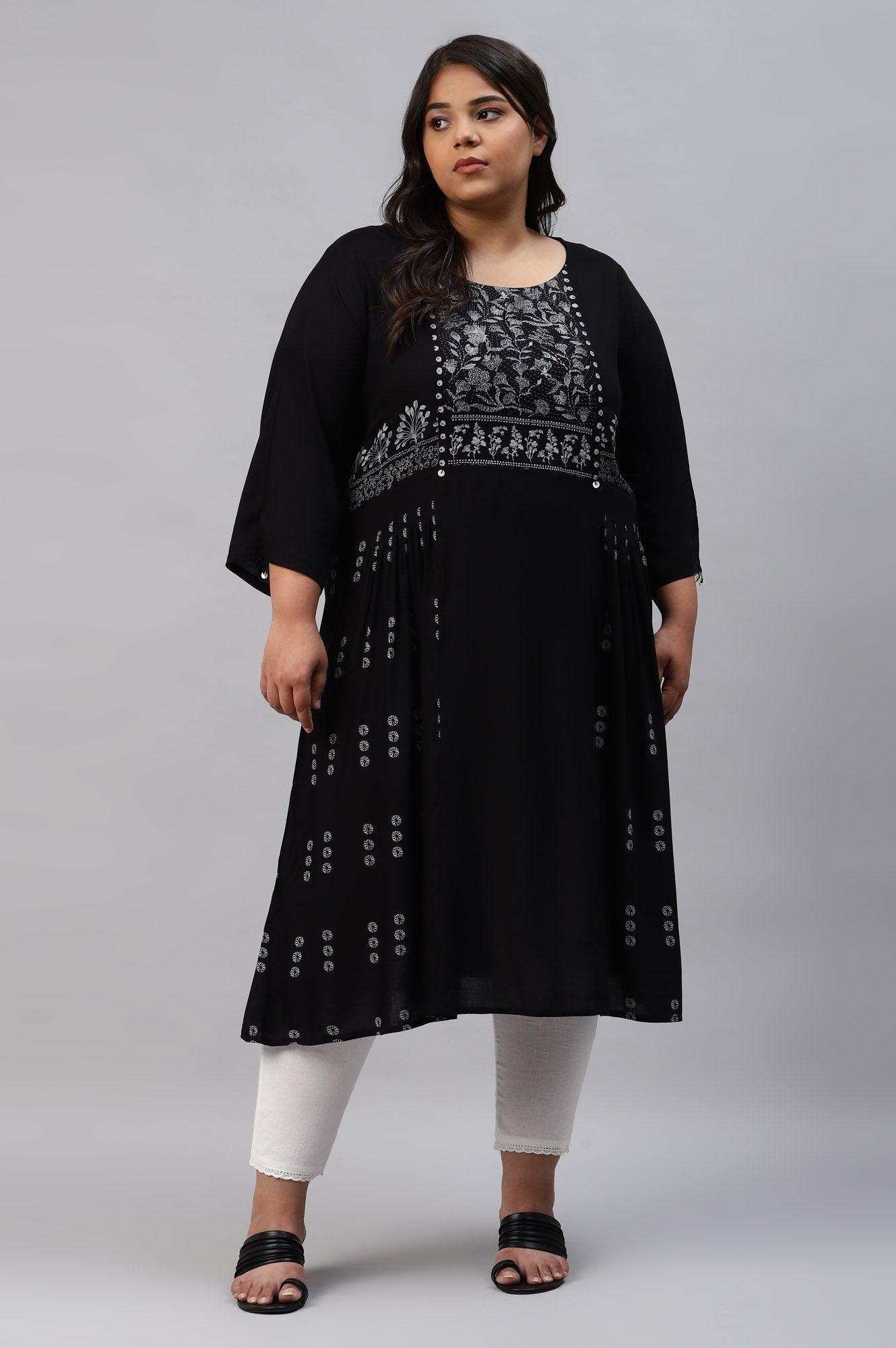 Plus Size Black Floral Side Pleated kurta In Round Neck - wforwoman