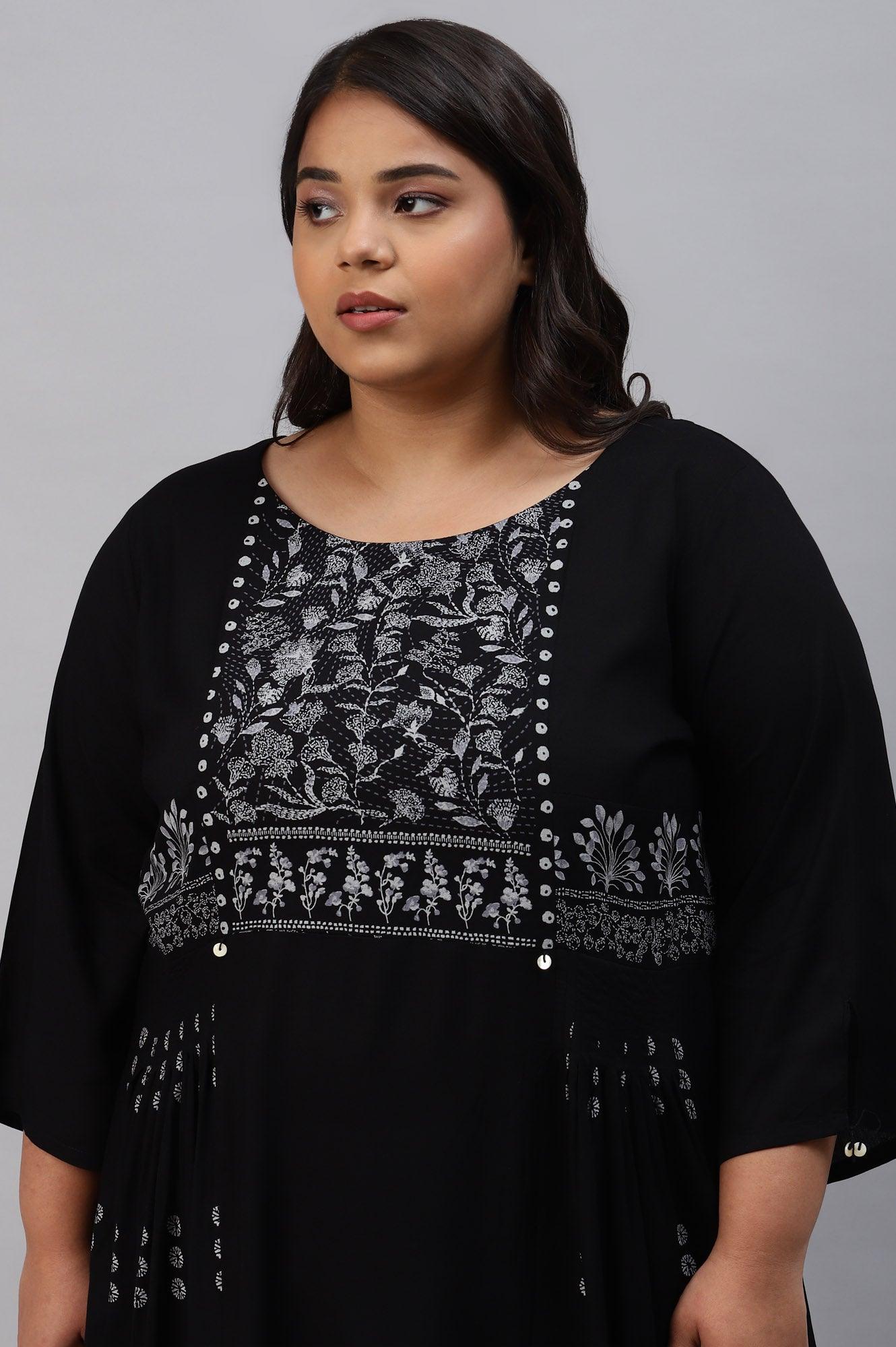 Plus Size Black Floral Side Pleated kurta In Round Neck - wforwoman