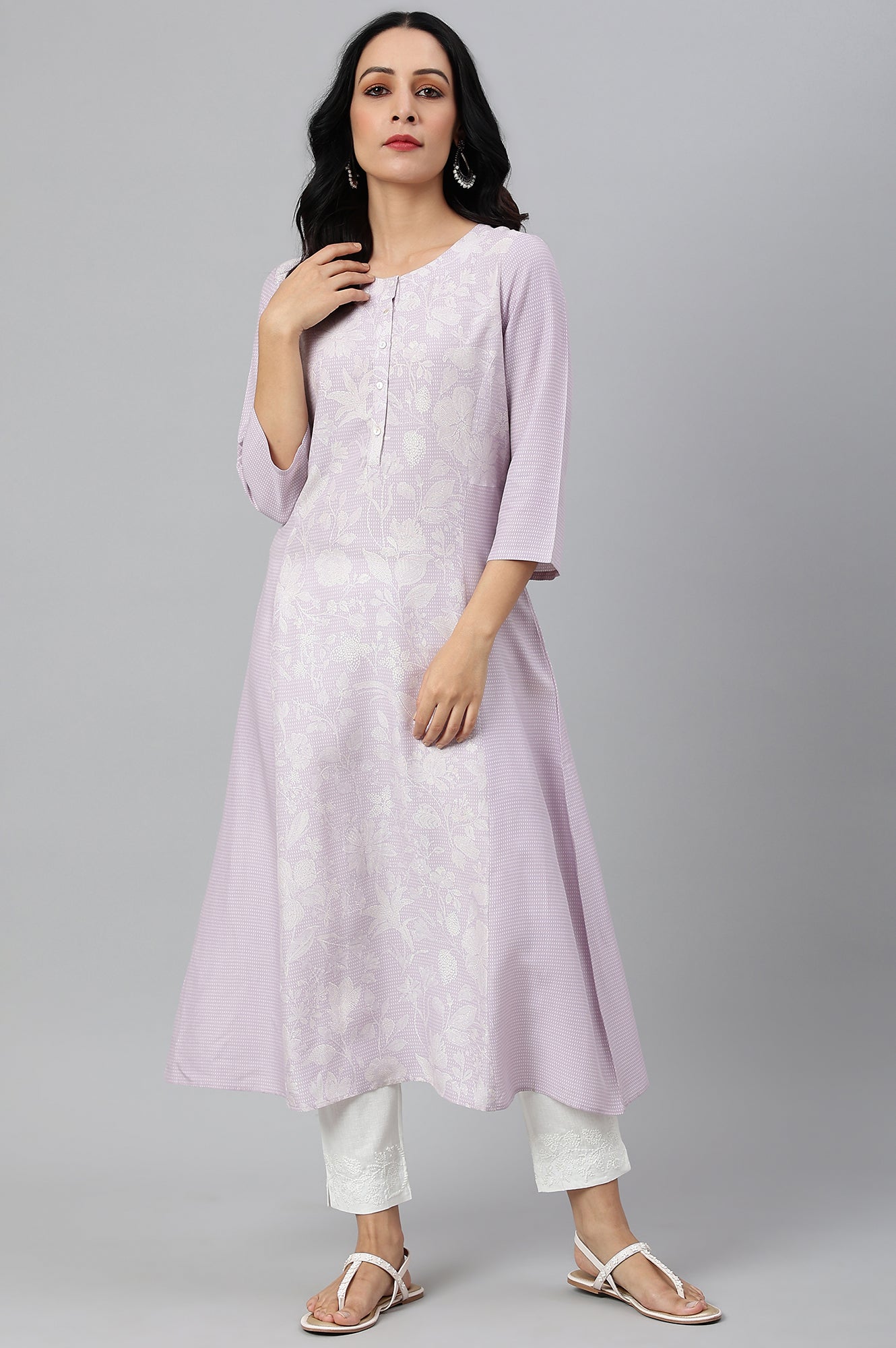 Purple Floral Printed Half Placket kurta