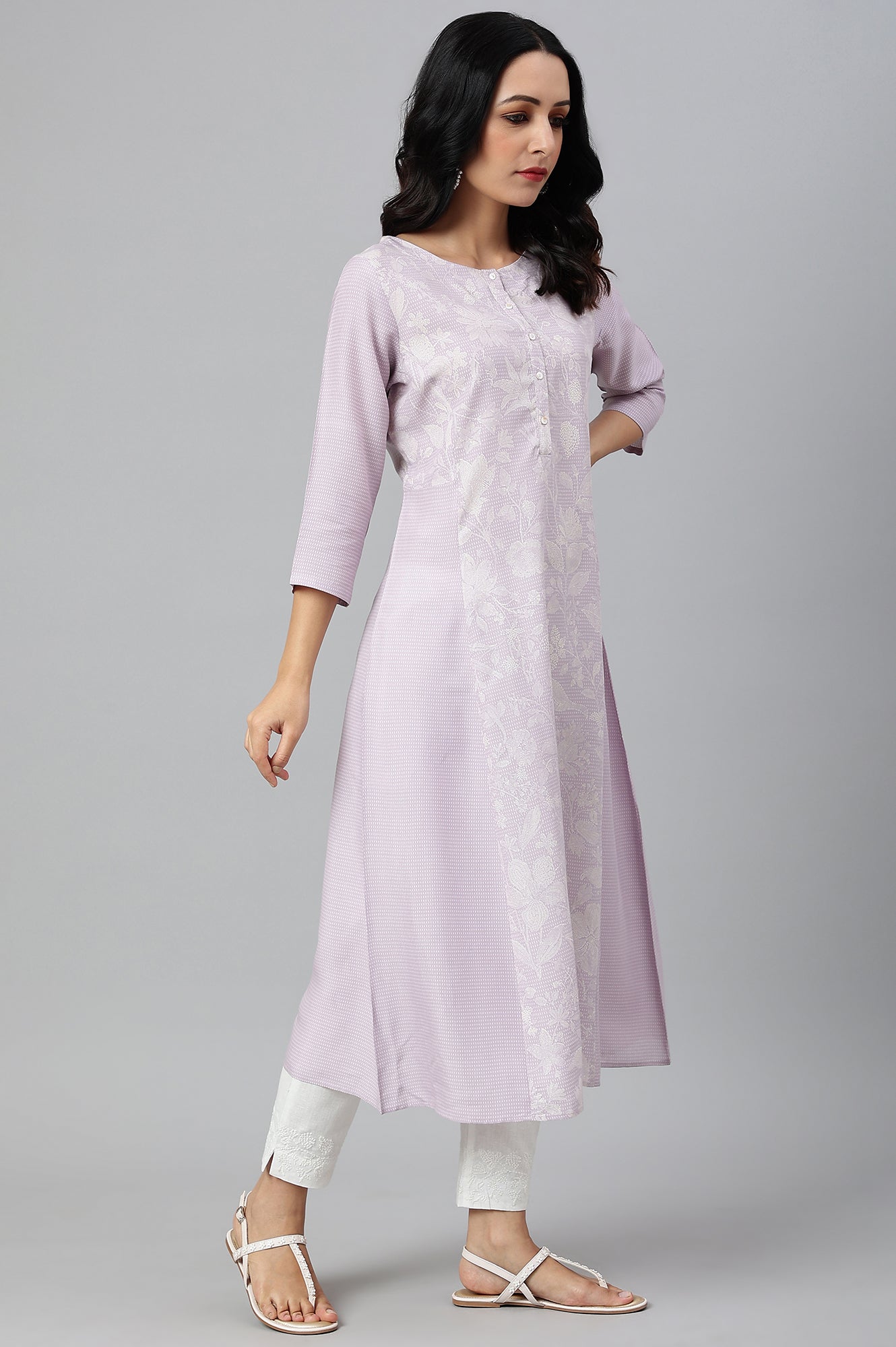 Purple Floral Printed Half Placket kurta