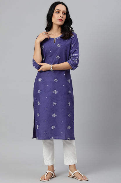 Blue Floral Print kurta With Embroidered Neck