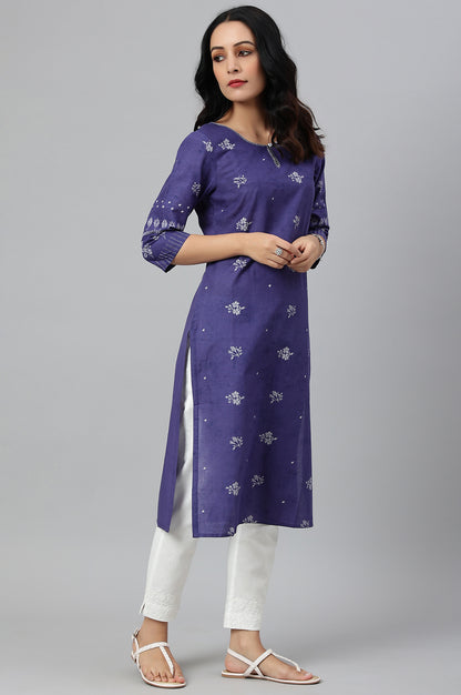 Blue Floral Print kurta With Embroidered Neck