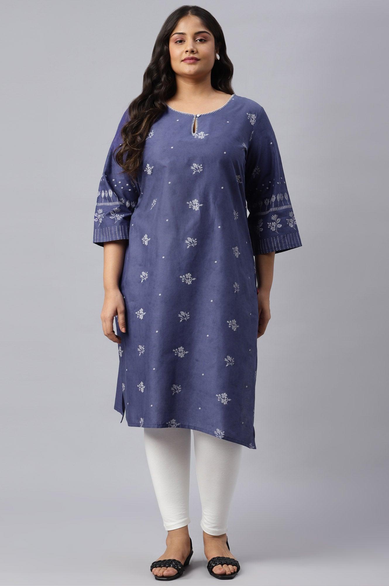 Plus Size Blue Floral Print kurta With Embroidered Neck - wforwoman